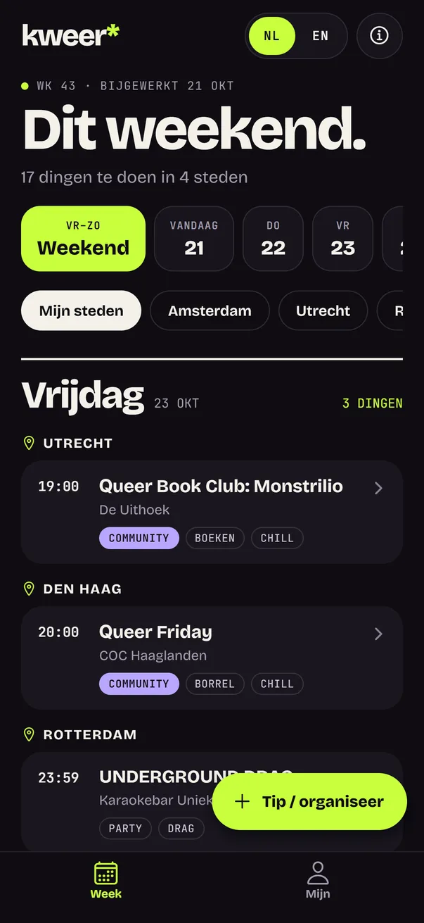 Weekoverzicht met events per dag en stad