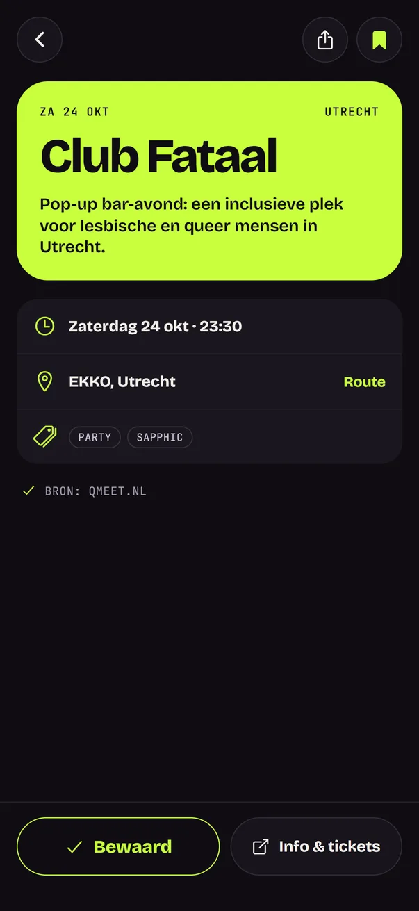 Eventpagina met tijd, locatie en route